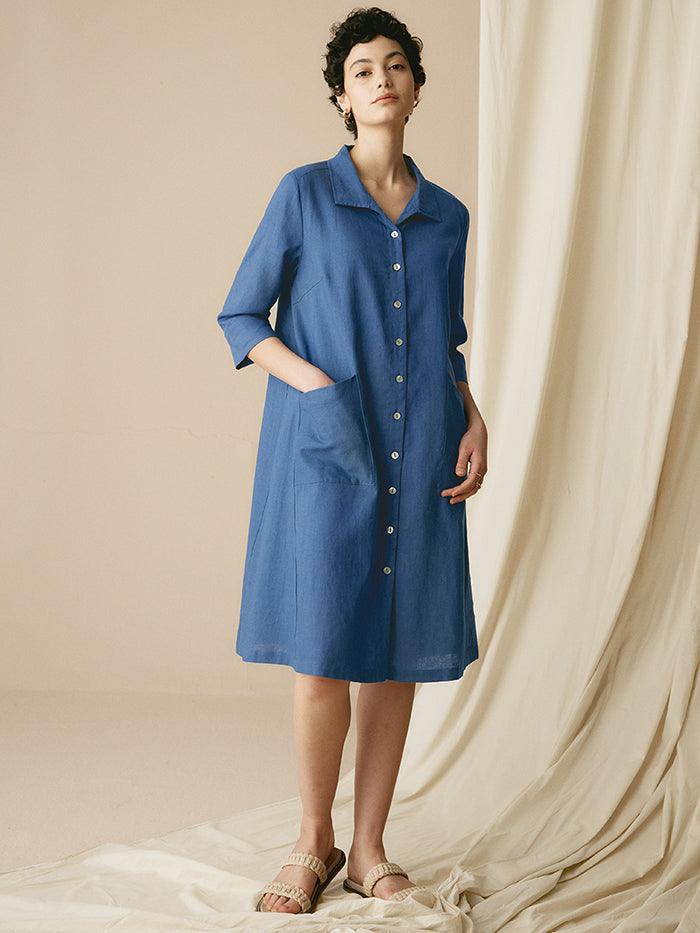 100% Linen Shirt Dress MADISON - Sea Blue