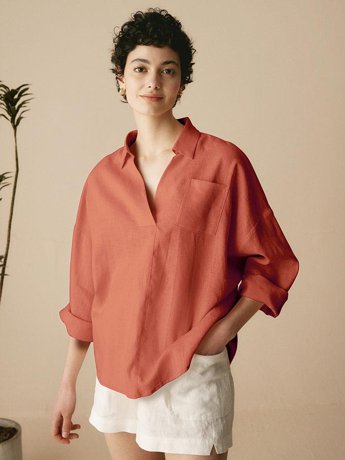 Linen Oversized Fit Pocket Shirt ELOWEN - Terracotta
