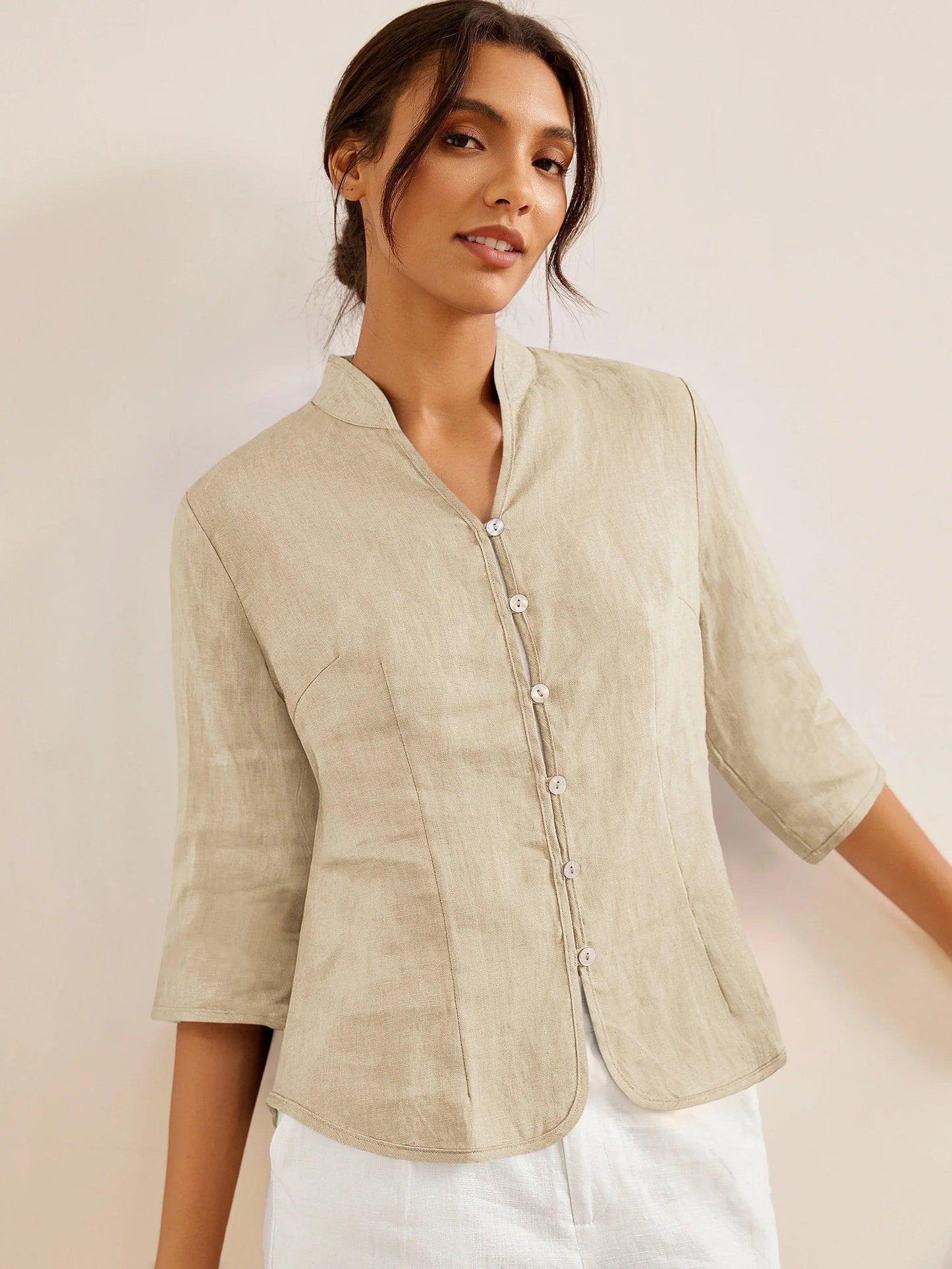 100% Linen Hand Button Fitted Jacket AMELIA - Khaki