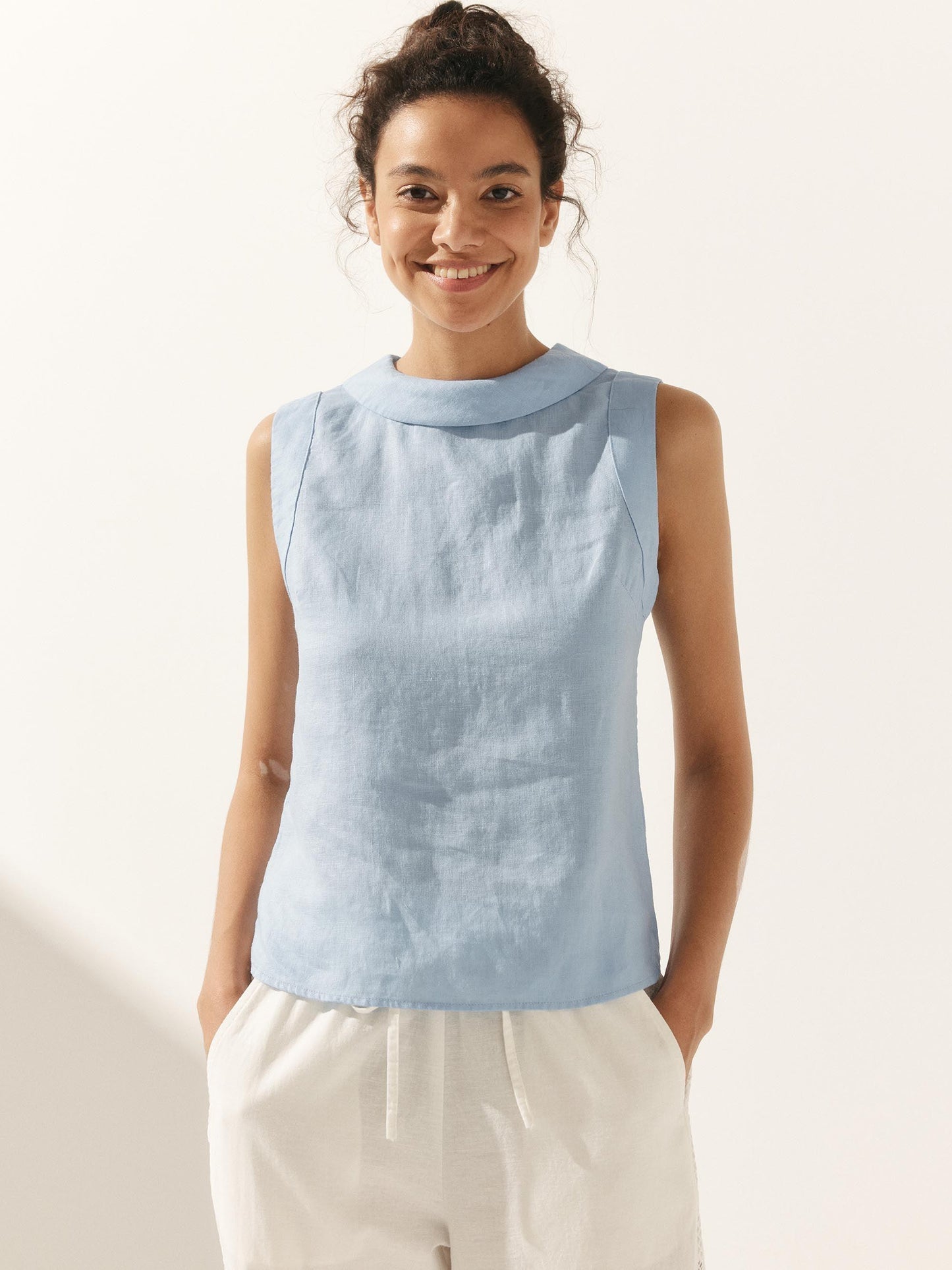 100% Linen Draped Collar Tank Top JACQUELINE - Ice Blue