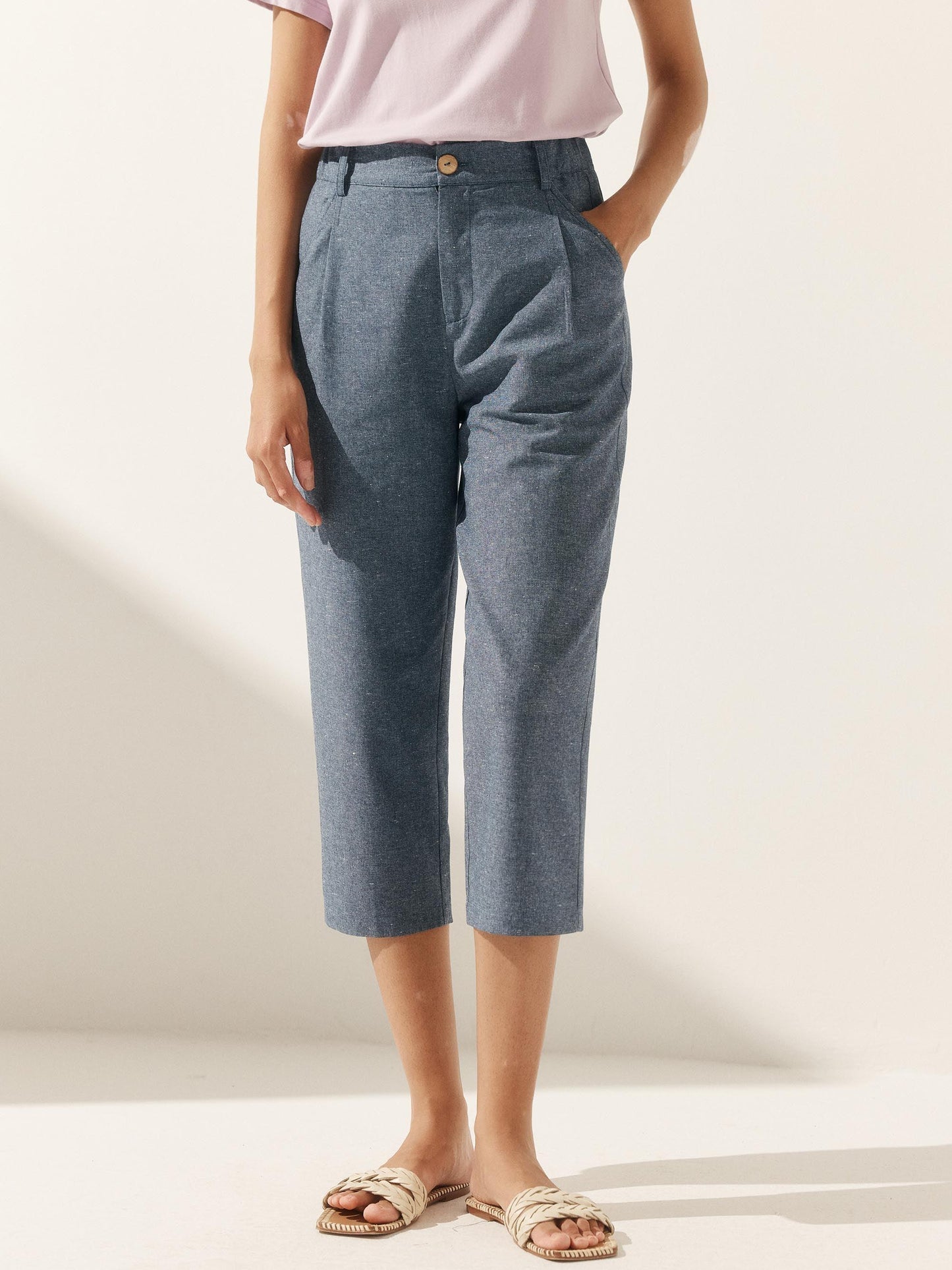 Linen Easy Elastic Waist Pants - Dusty Blue