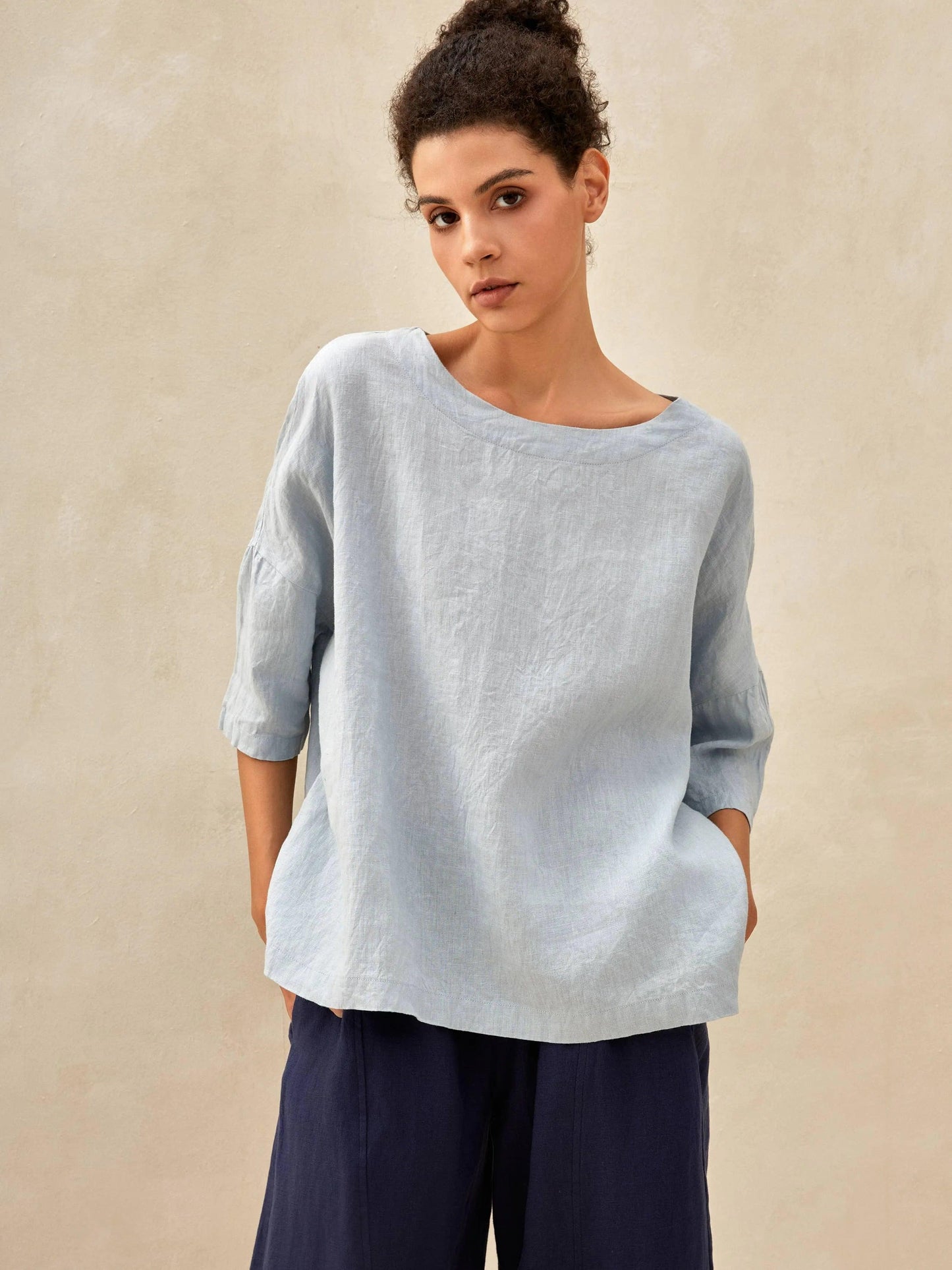 100% Linen Gingham Checked Boatneck 3/4 Length Sleeve Top - Ice Blue