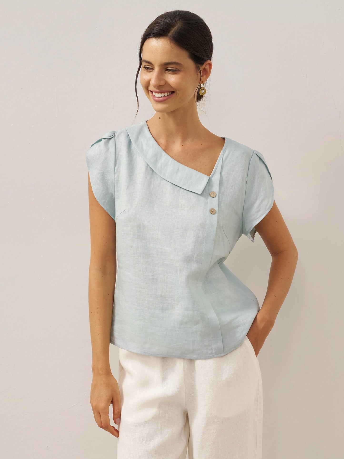 100% Linen Crescent Collar Flutter Sleeve Top FARA - Aqua Blue