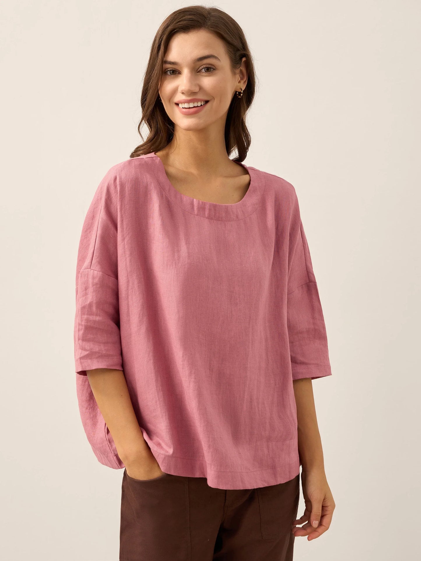 100% Linen Boatneck 3/4 Length Sleeve Top AURORA - Coral Pink