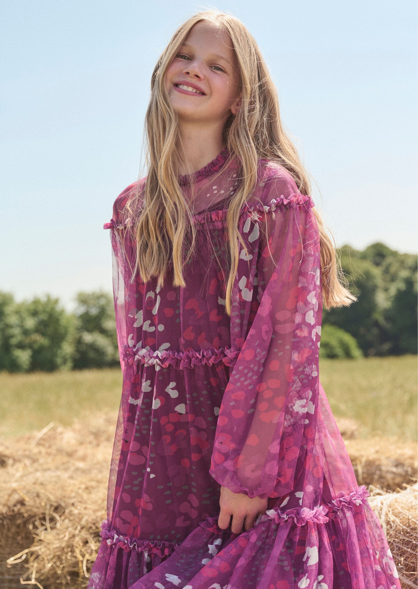 Girls Fuchsia Pink Printed Mesh Occasion Dress | Angel & Rocket
