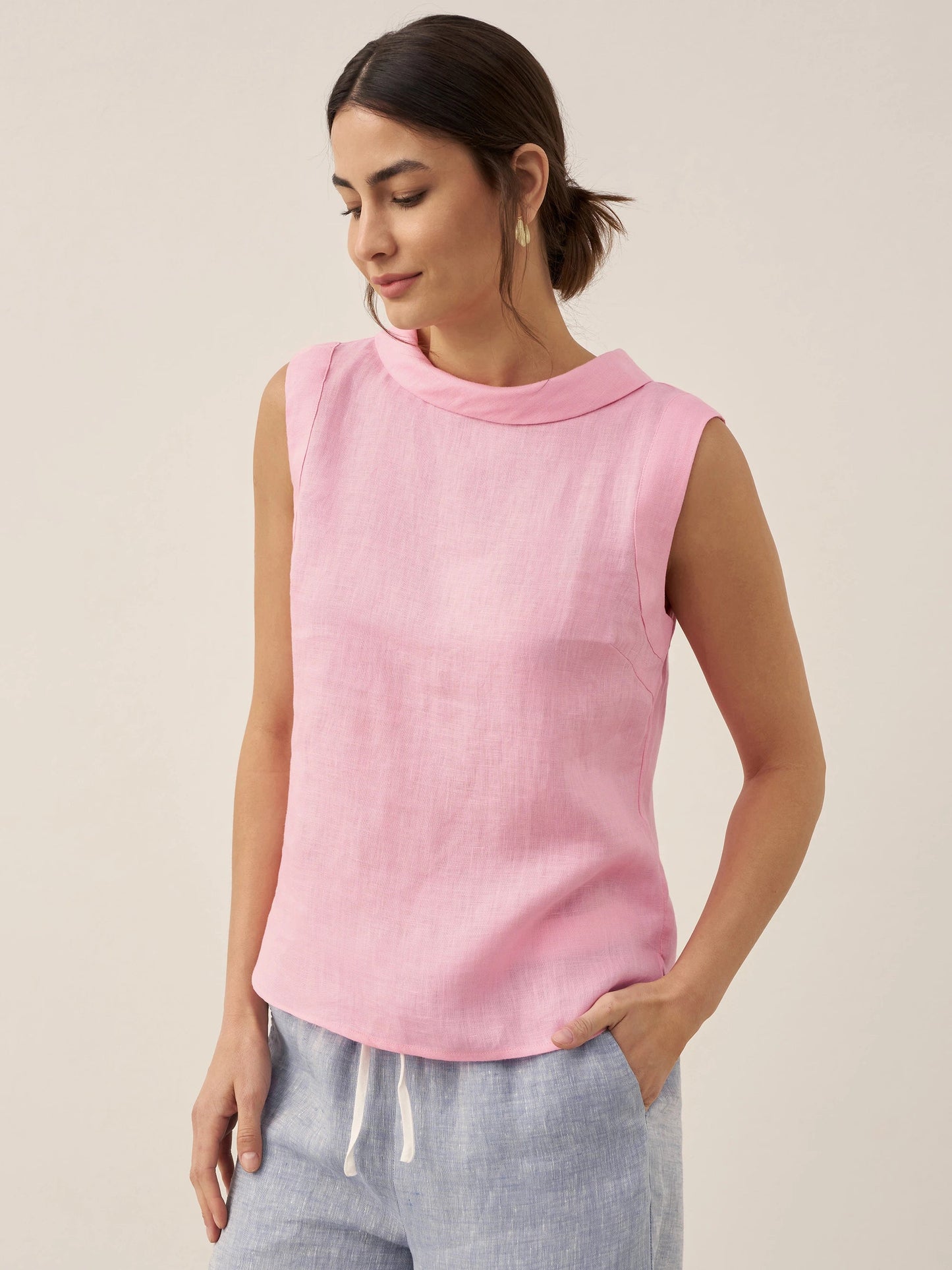 100% Linen Draped Collar Tank Top - Pastel Pink