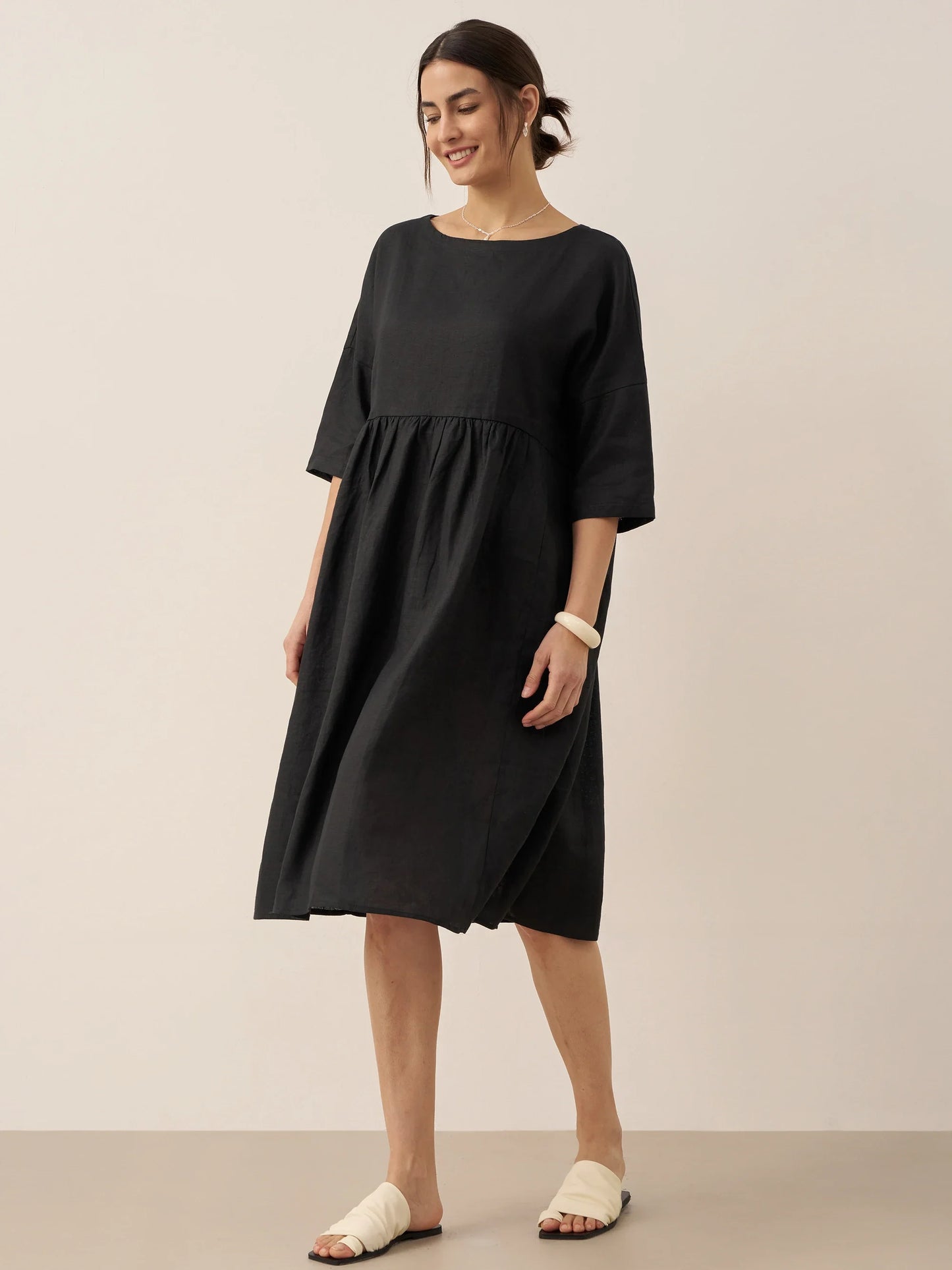 100% Linen A-Line Midi Dress VALENCIA - Charcoal Black