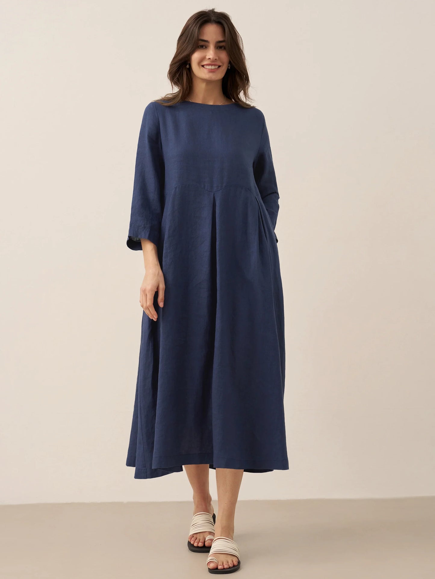 100% Linen Bateau Neck Pleated Maxi Dress ABIGAIL - Navy Blue
