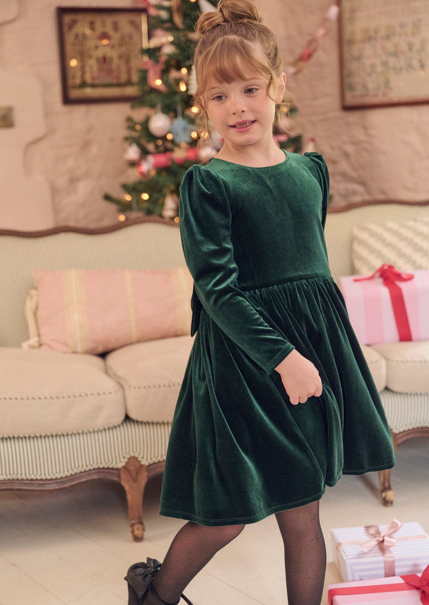 Girls Green Velvet Bow Back Christmas Dress | Angel & Rocket