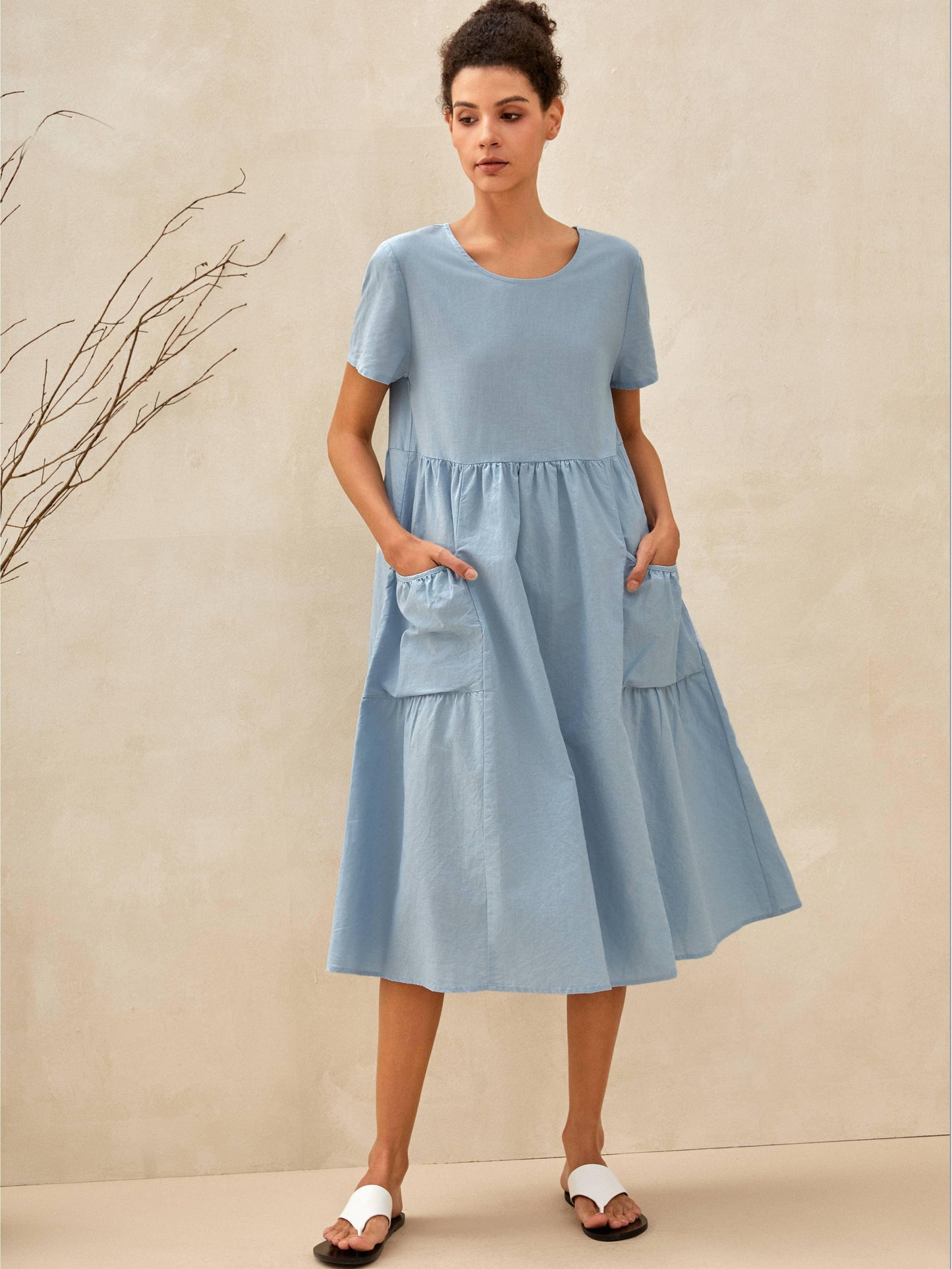 Linen Patch Pocket Loose Hem Resort Dress FRANKIE - Light Blue