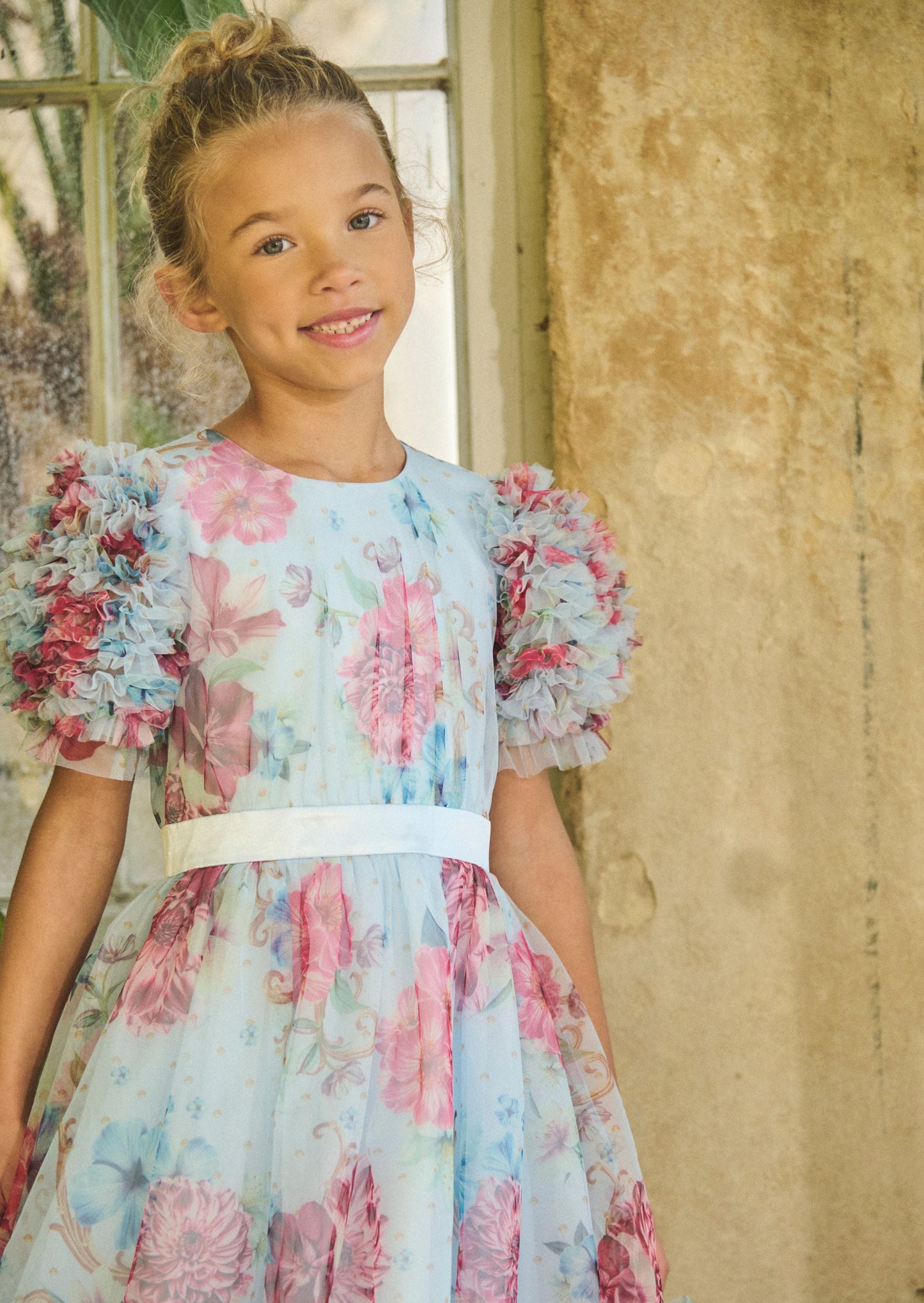 Girls Blue Floral Ruffle Sleeve Party Dress | Angel & Rocket