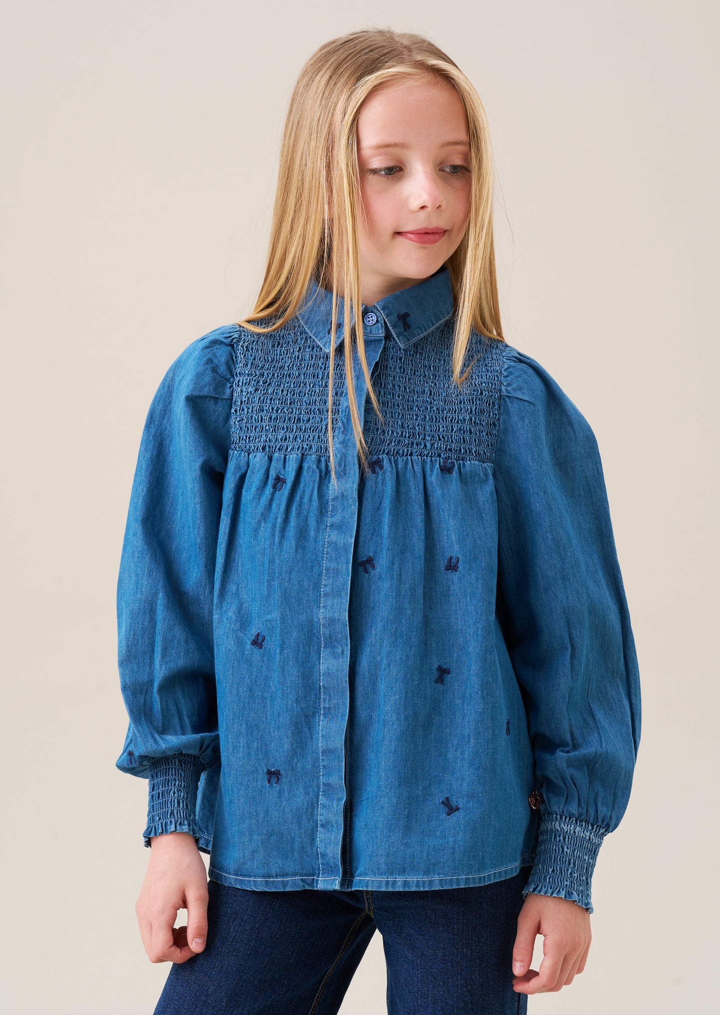 Girls Embroidered Denim Shirt with Bows | Angel & Rocket