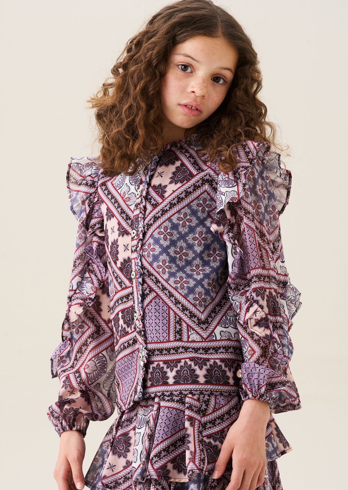 Girls Purple Boho Print Frill Sleeve Blouse | Angel & Rocket