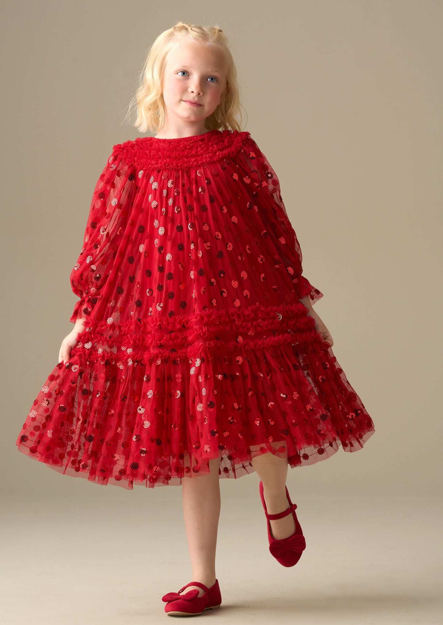 Girls Red Sequin Mesh Ruffle Party Dress | Angel & Rocket