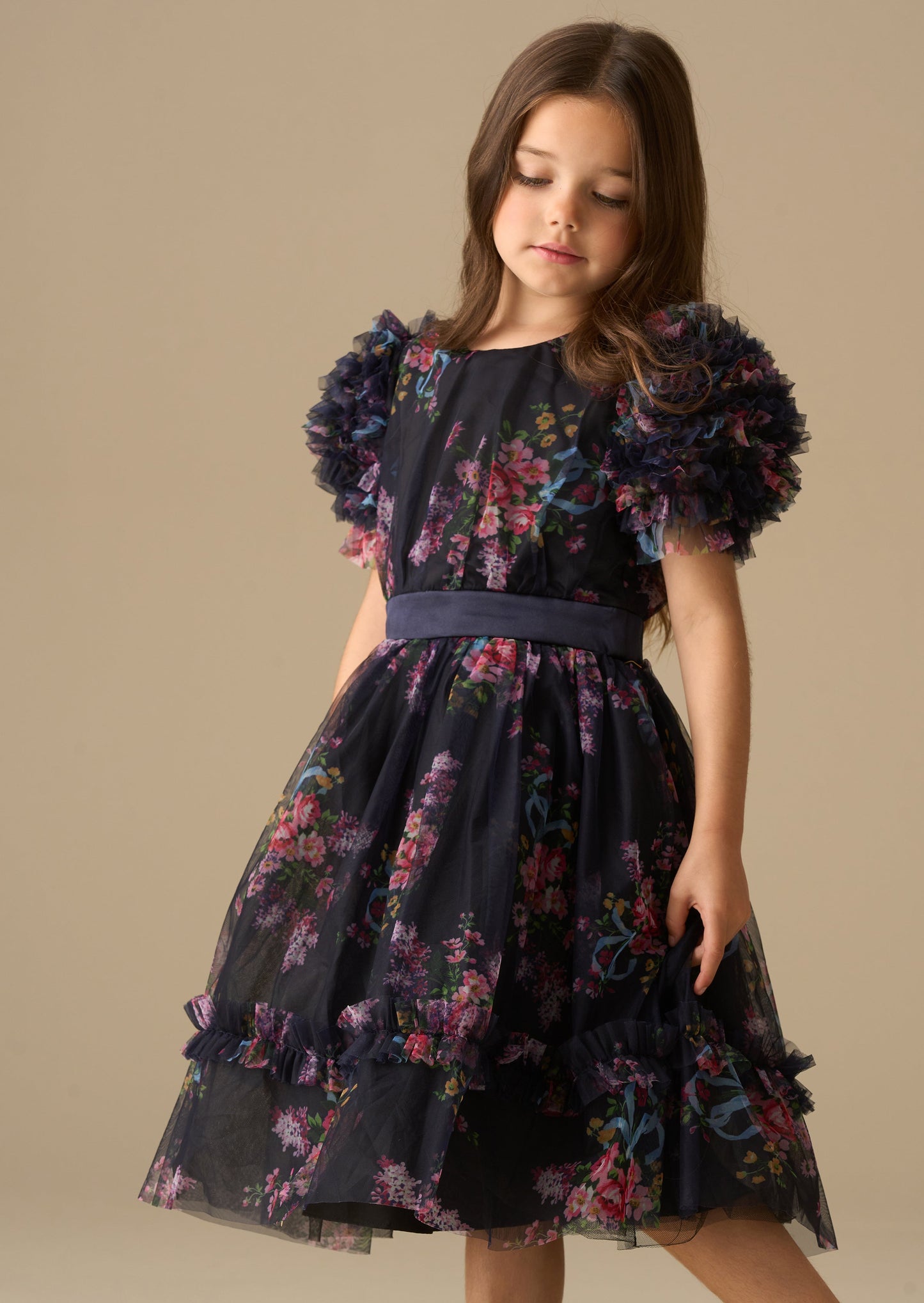 Girls Navy Floral Ruffle Mesh Sleeve Party Dress | Angel & Rocket