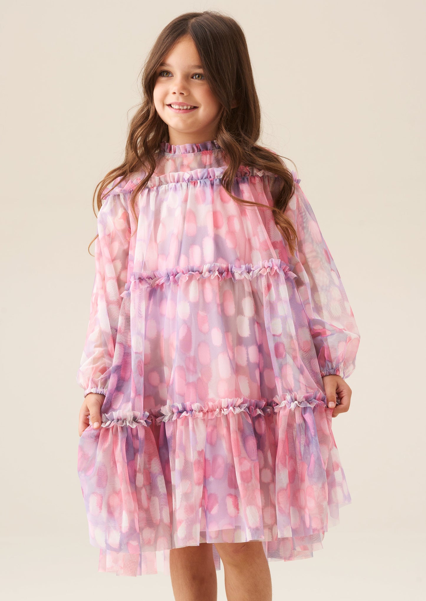 Girls Pink Printed Swing Mesh Dress | Angel & Rocket