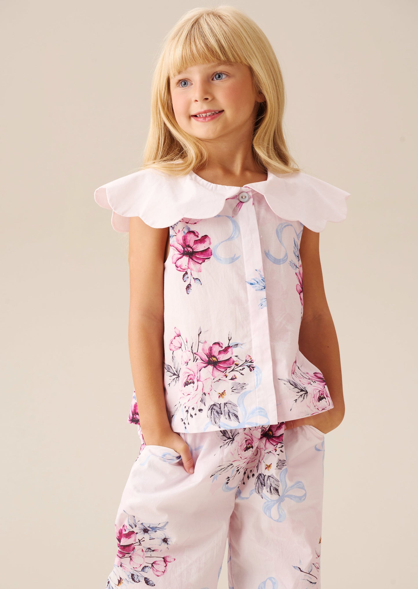 Girls Pink Floral Scallop Collar Blouse | Angel & Rocket