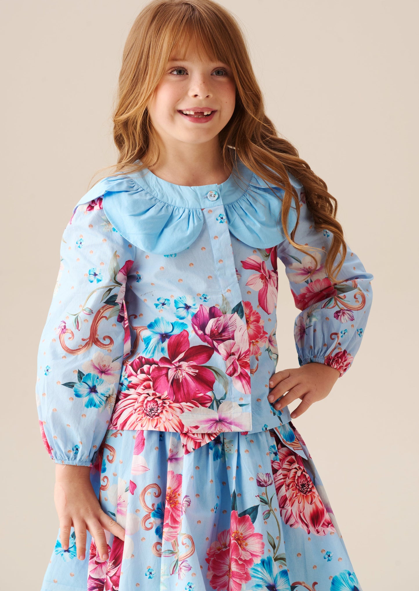 Girls Blue Floral Petal Collar Top | Angel & Rocket