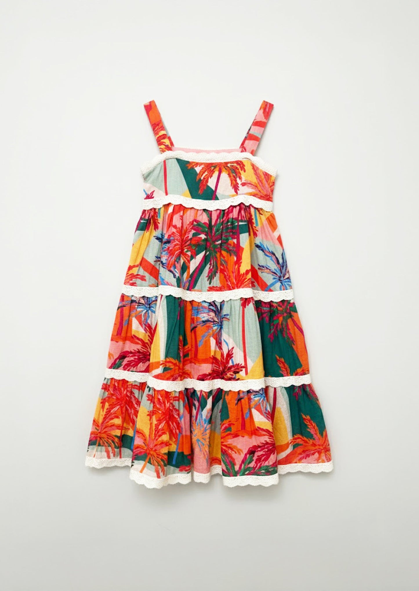 Girls Palm Print Lace Trim Tiered Dress | Angel & Rocket