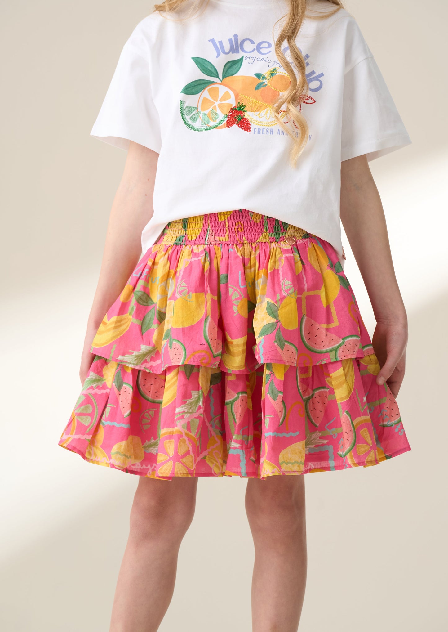 Girls Pink Fruit Print Summer Skirt | Angel & Rocket