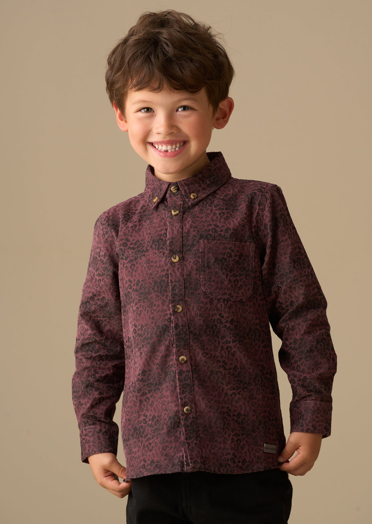 Boys Burgundy Cord Leopard Party Shirt | Angel & Rocket