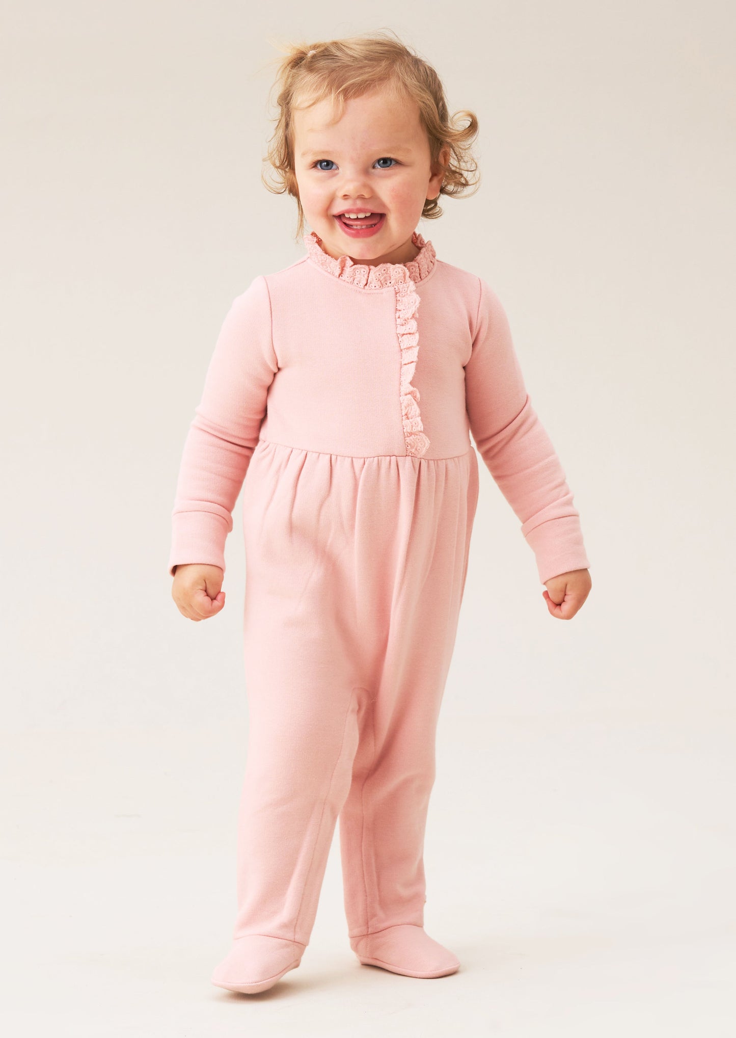 Baby Girls Pink Broderie Trim Sweat Onesie | Angel & Rocket