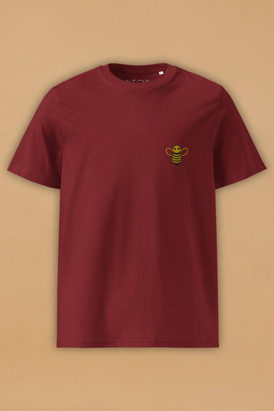 Embroidered Bee Burgundy Organic Cotton T-Shirt – Unisex