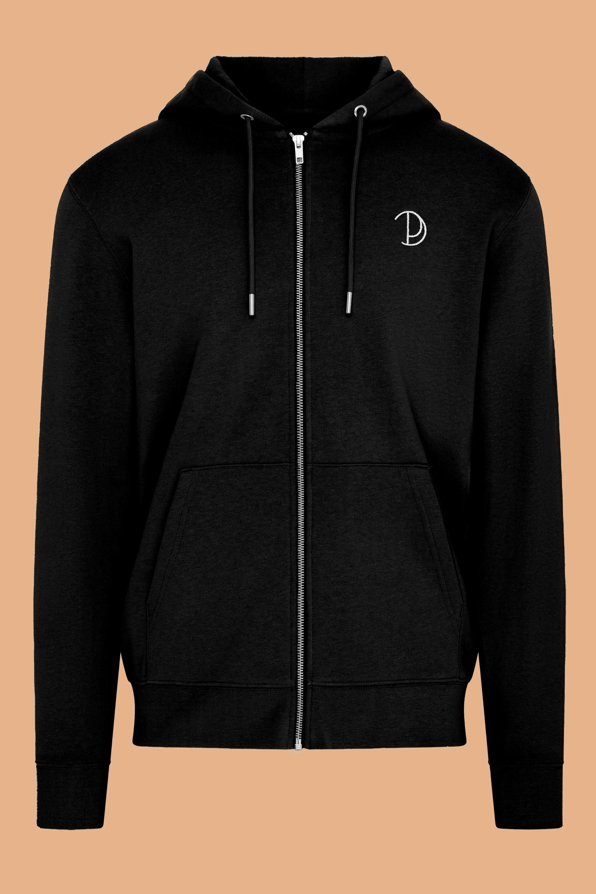 Embroidered P Zip-Up Black Organic Cotton Hoodie – Unisex