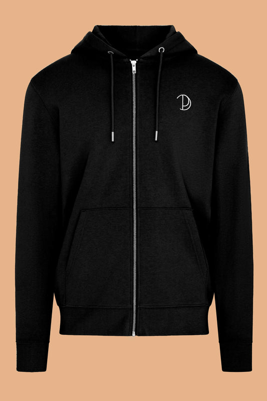 Embroidered P Zip-Up Black Organic Cotton Hoodie – Unisex