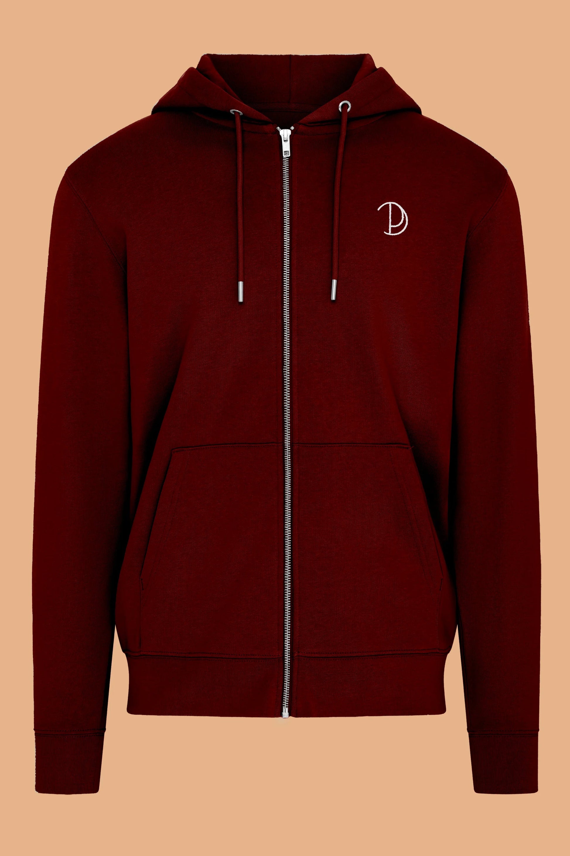 Embroidered P Zip-Up Burgundy Organic Cotton Hoodie – Unisex