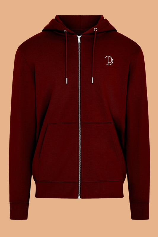 Embroidered P Zip-Up Burgundy Organic Cotton Hoodie – Unisex