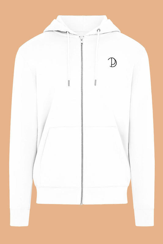 Embroidered P Zip-Up White Organic Cotton Hoodie – Unisex