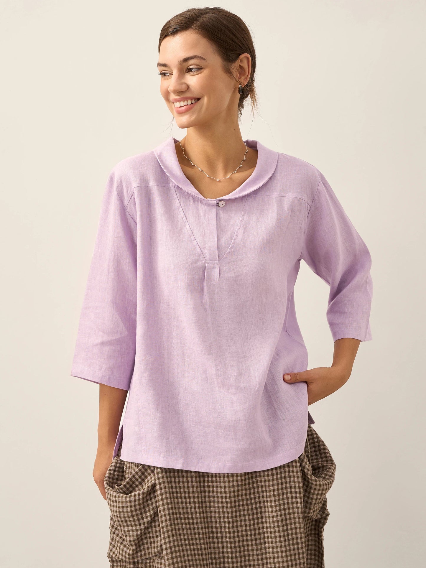 100% Linen Shawl V-Neck Half Sleeve Top JADE - Lavender