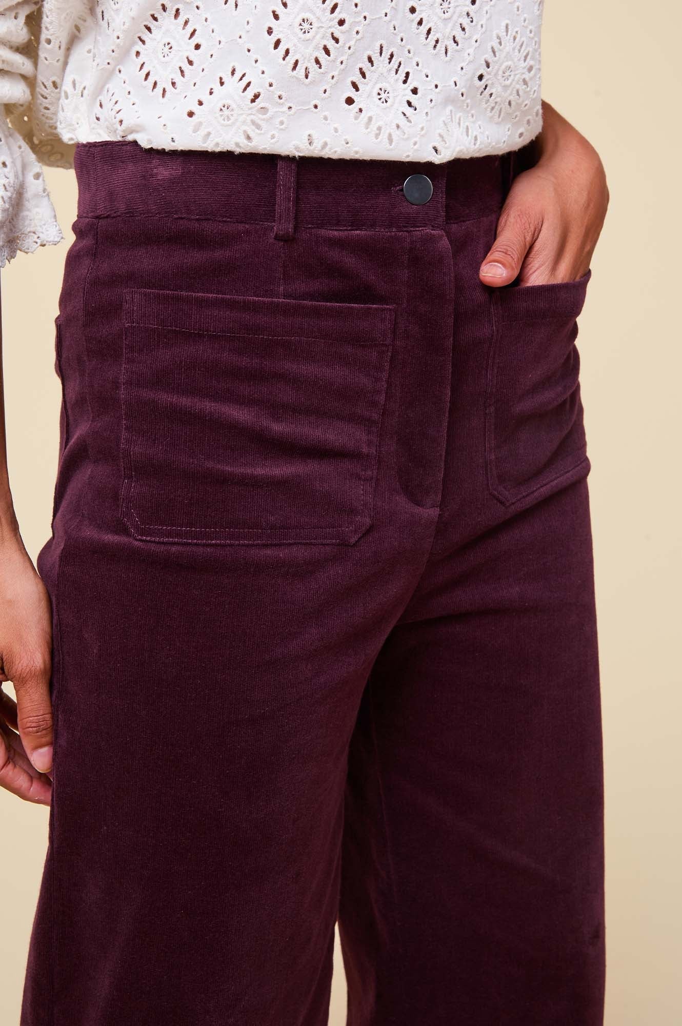 Aspiga Ladies Sustainable Kendal Cropped Cotton Corduroy Trousers Wide Leg Burgundy