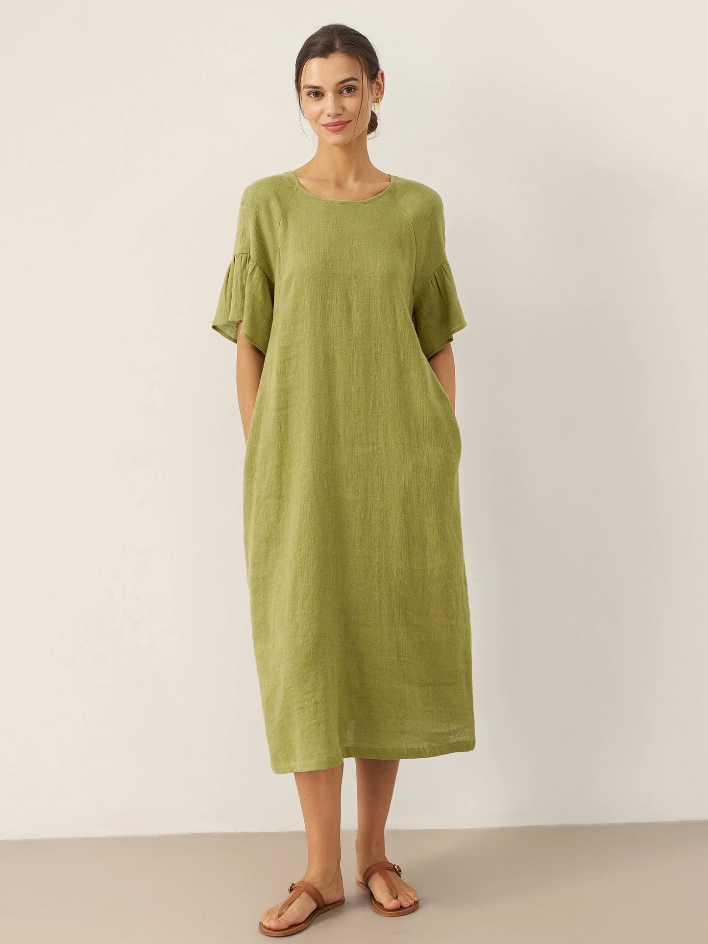 Linen Round Neck Flutter Sleeve Maxi Dress WINNIE - Olive Moss