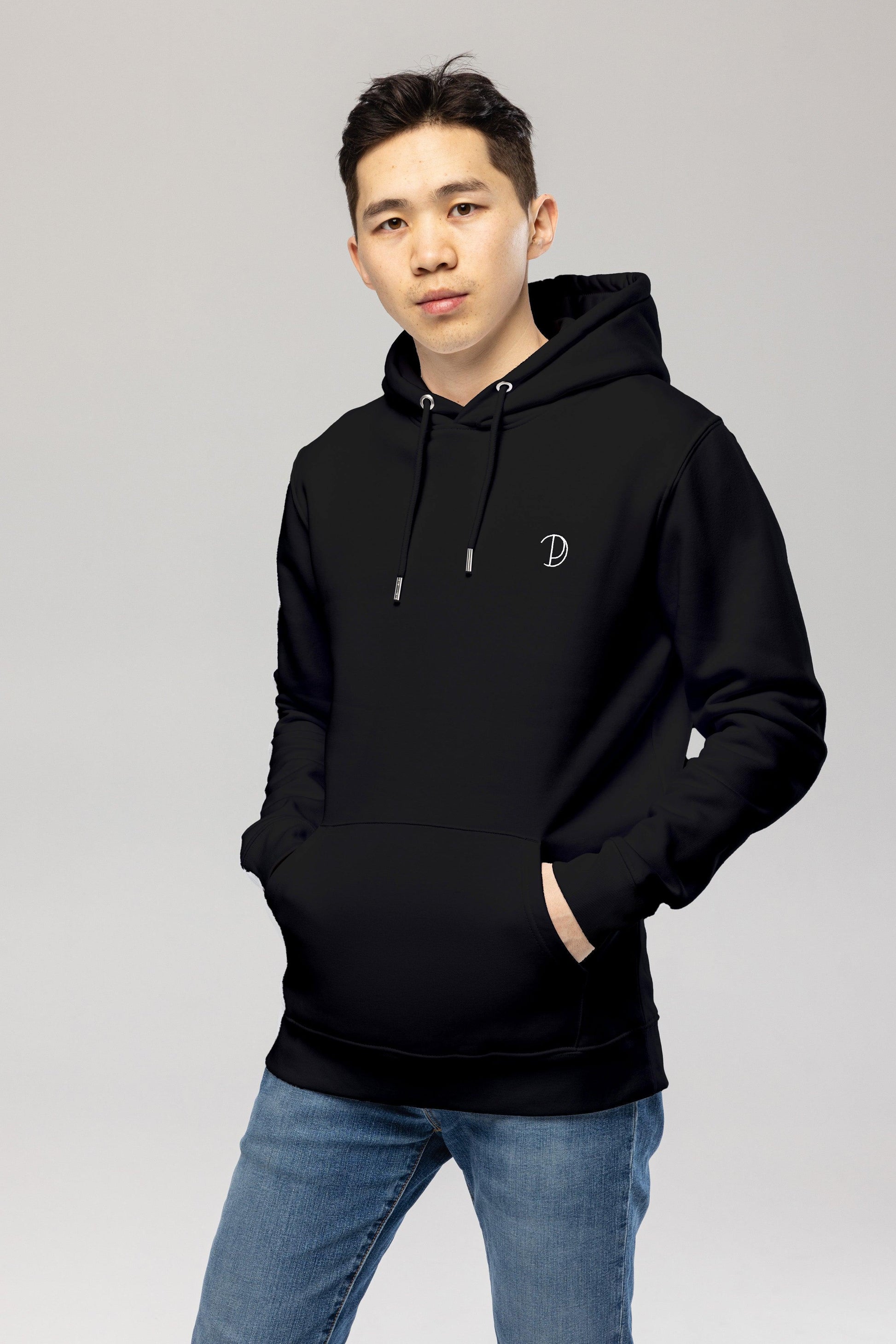 Embroidered Logo Black Organic Cotton Hoodie – Unisex