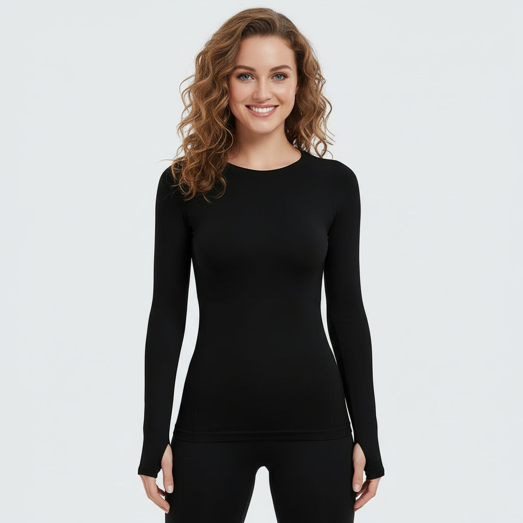 Seamless Thumbhole Black Long-Sleeve Shirt