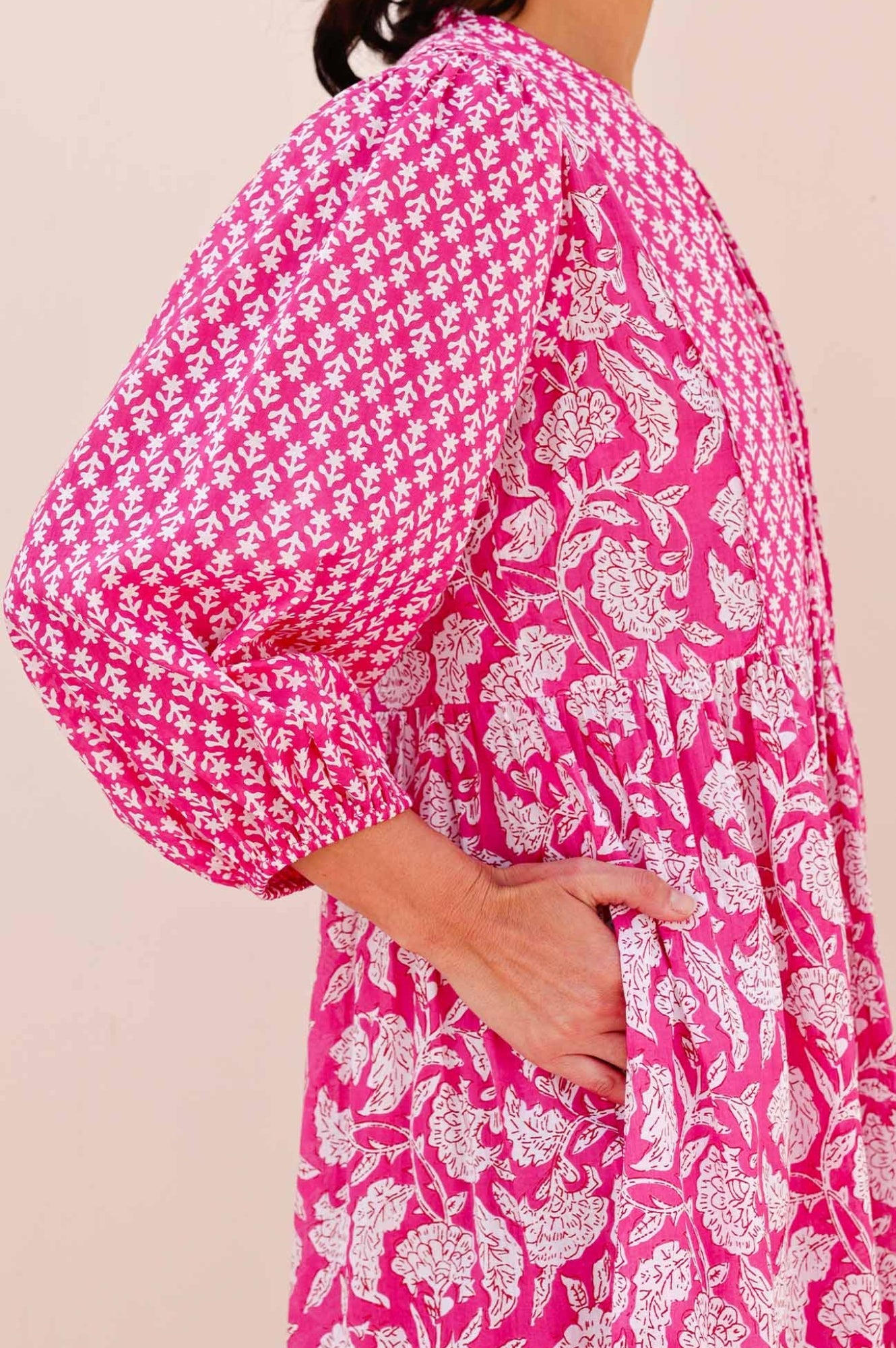 Aspiga Ladies Sustainable Martha Organic Cotton Mix Print Summer Dress Dianthus Print Pink White