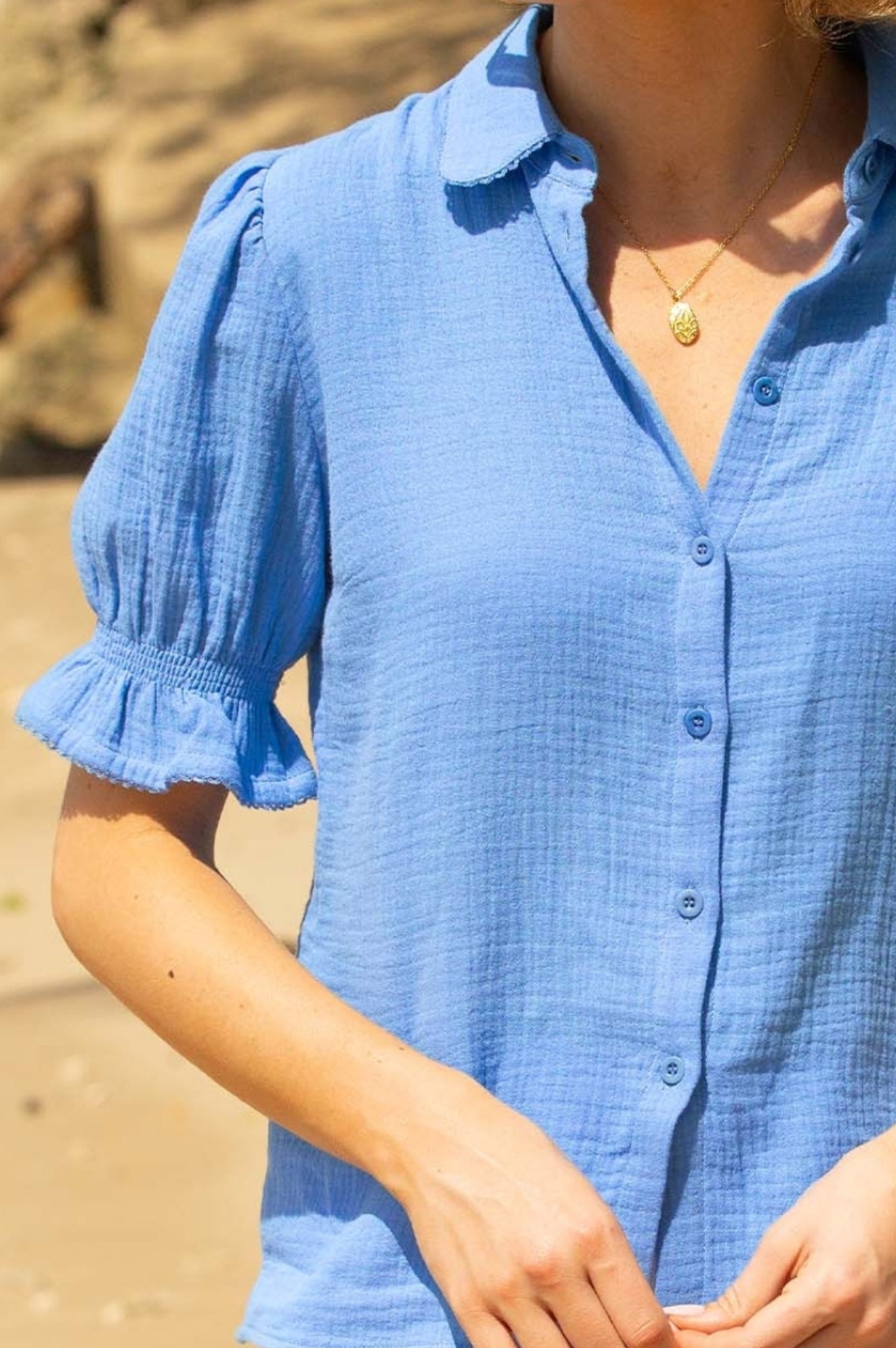 Aspiga Ladies Sustainable Olive Cotton Cheesecloth Blouse Summer Short Sleeve Cornflower Blue