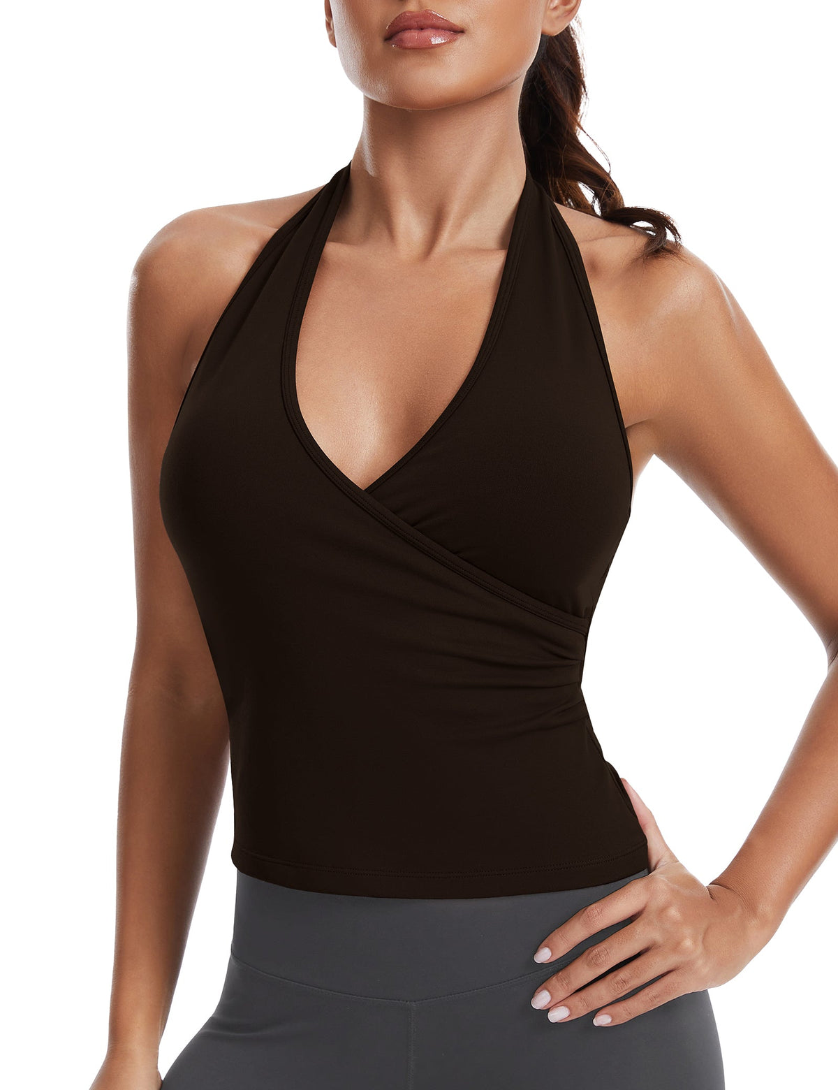 V Neck Open Back Halter Crop Top with Built-in Bra