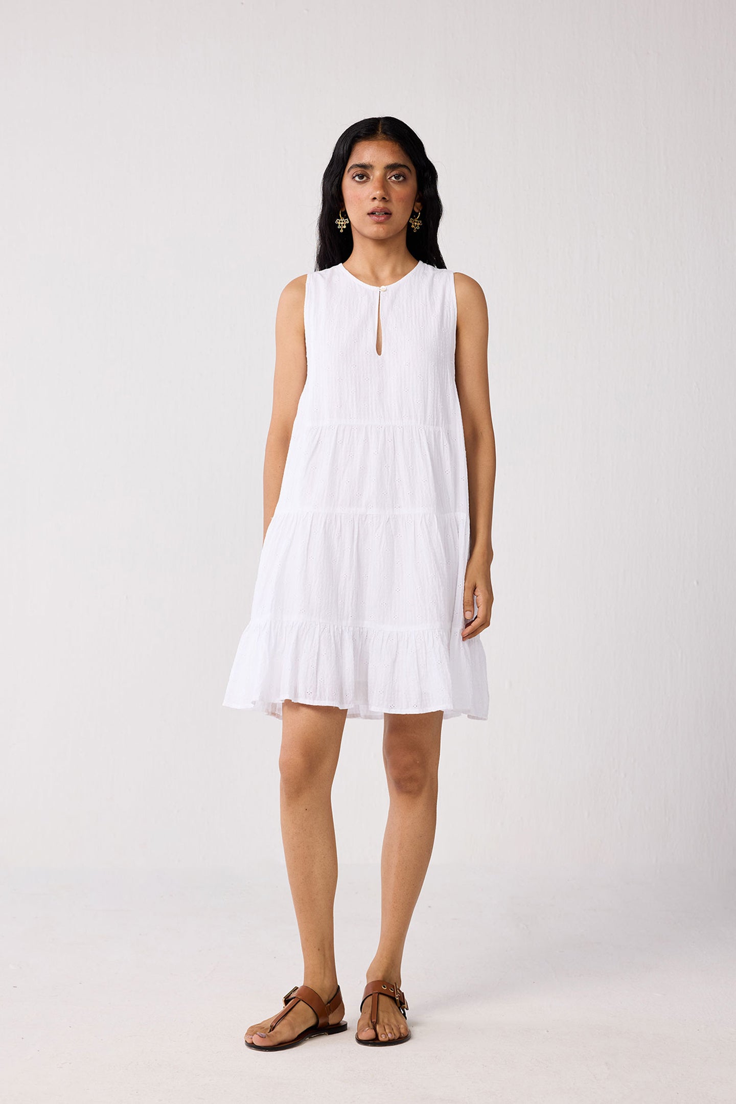 Embroidered Everyday Sleeveless Short Tiered Dress in White