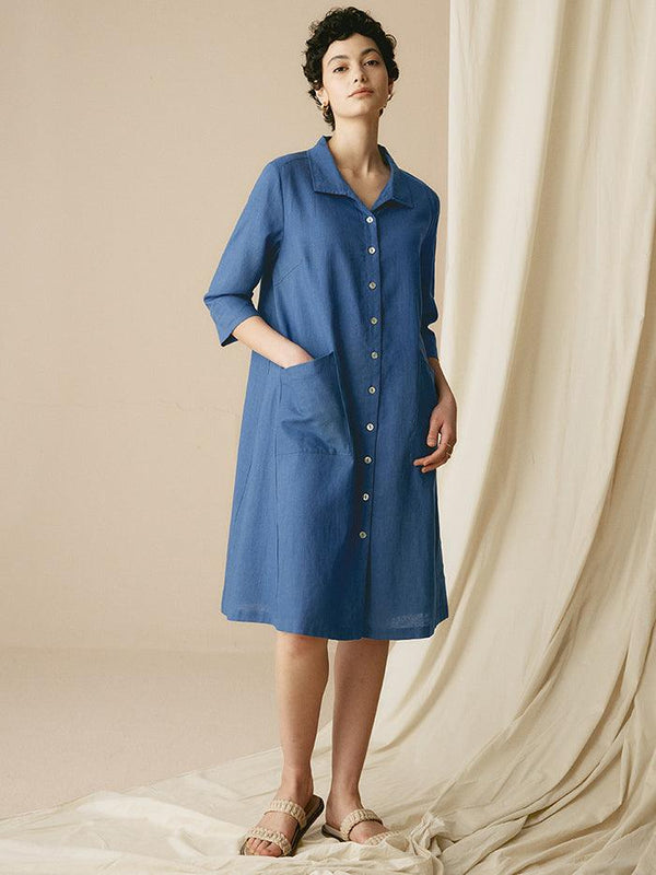 100% Linen Shirt Dress MADISON - Sea Blue