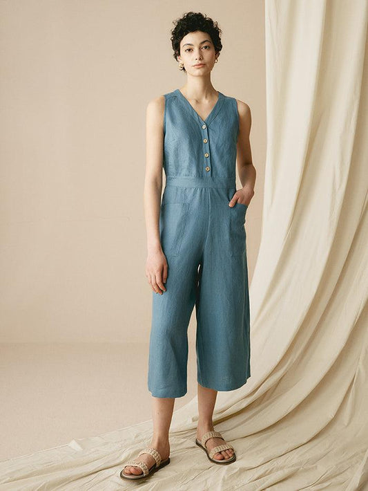 100% Linen V-Neck Jumpsuit URIELLE - Steel Blue