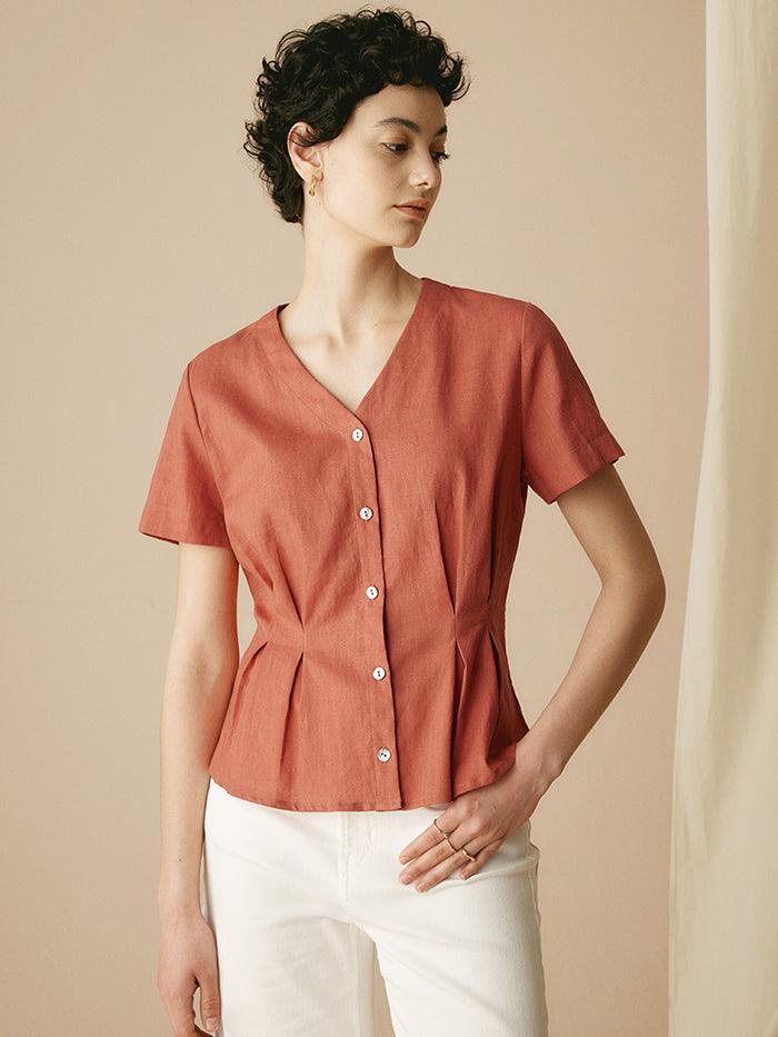 100% Linen Short-Sleeve Pleated Waist Shirt JAN - Sun Orange