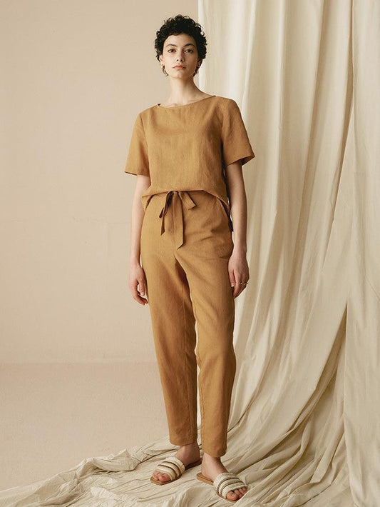 100% Linen Two-Piece Casual Linen Tracksuit COLLEEN - Peanut
