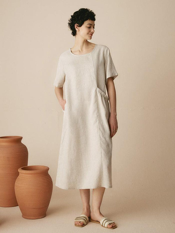 100% Linen Pocket Caftan Midi-Dress ESME - Grayish White