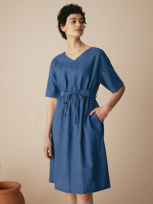 Linen V-Neck Belted Dress SERENA - Sea Blue