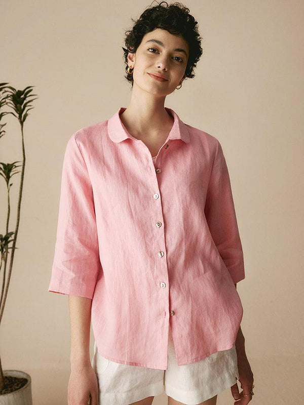 100% Linen Peter Pan Collar 3/4 Sleeve Shirt ASTRID - Pastel Pink