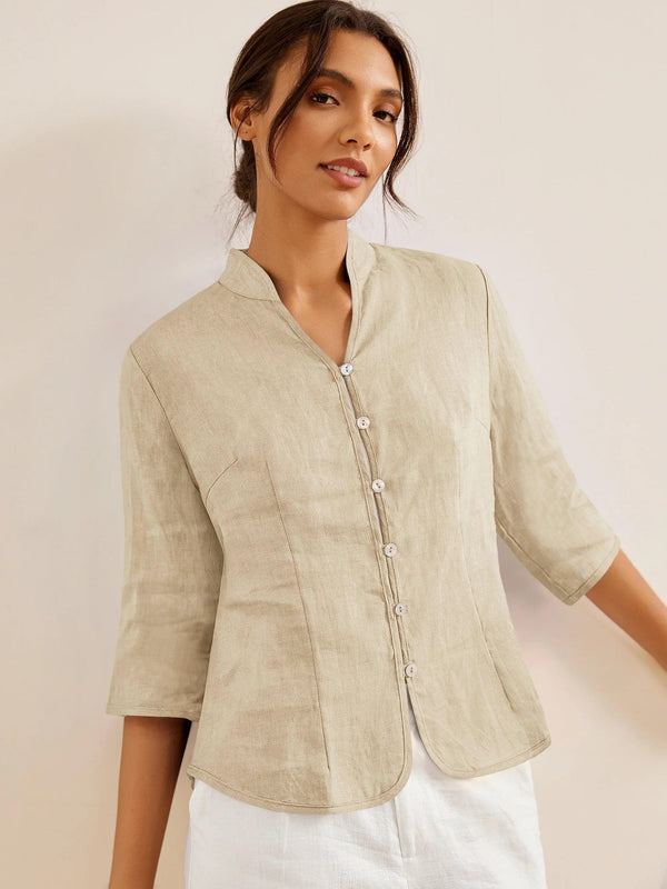 100% Linen Hand Button Fitted Jacket AMELIA - Khaki