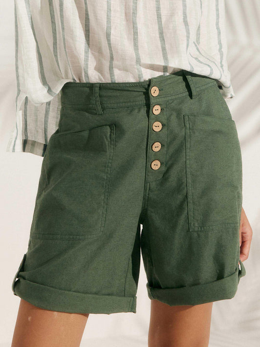 Linen Button-Fly Quarter Shorts LUCY - Olive Green